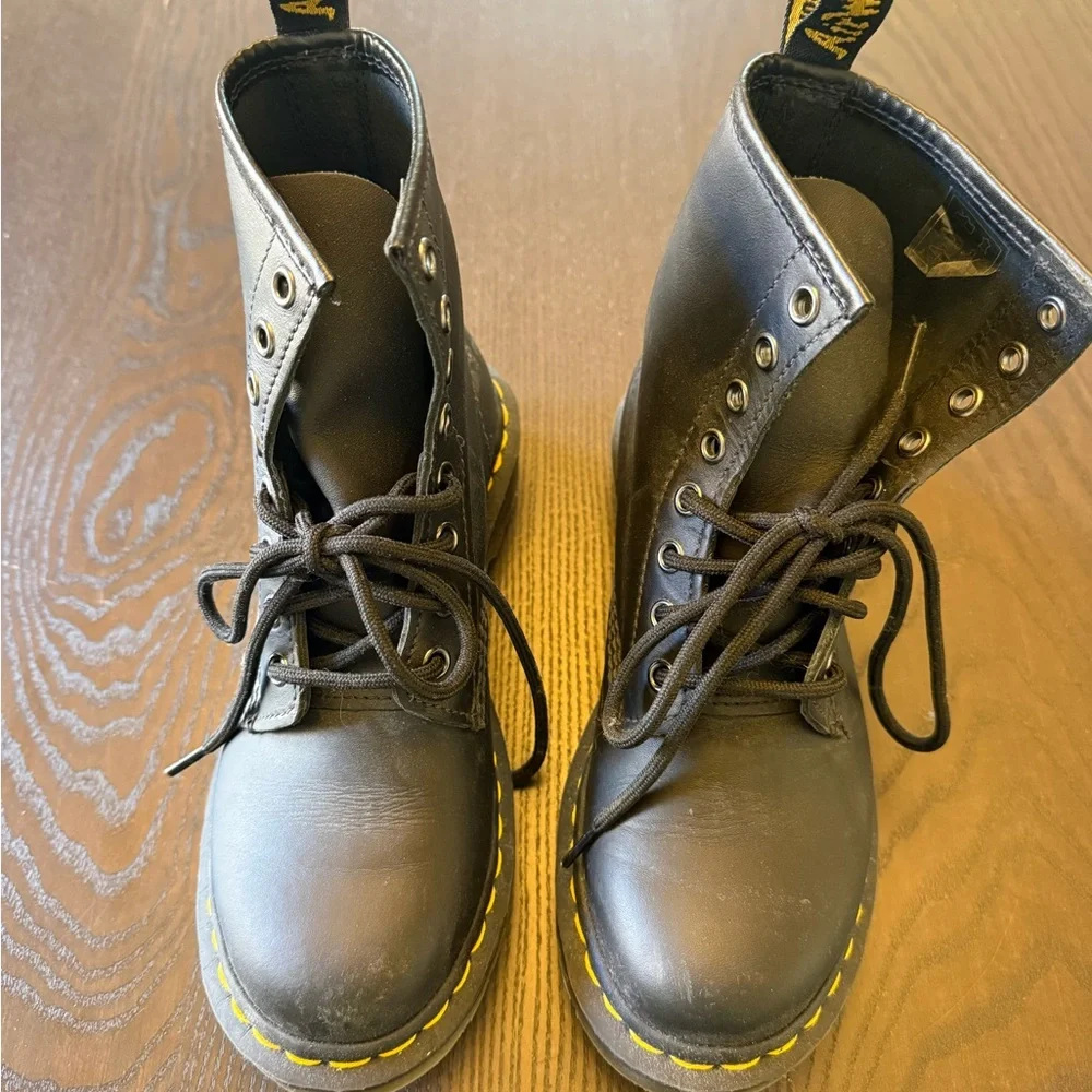 Dr. Martens Black Leather Lace-Up Boots with Yellow Stitching - Picture 1 of 4